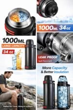 SKYFLASK Stainless Steel Vacuum Insulated Flask, 1000 ML (34 oz) Thermal Water Bottle, Double Wall Insulation, 24 Hours Hot & Cold, Leak Proof Travel Bottle with Handle – Black - Image 3