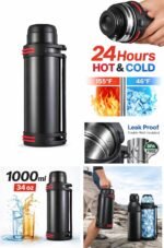 SKYFLASK Stainless Steel Vacuum Insulated Flask, 1000 ML (34 oz) Thermal Water Bottle, Double Wall Insulation, 24 Hours Hot & Cold, Leak Proof Travel Bottle with Handle – Black - Image 4