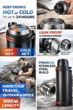 SKYFLASK Stainless Steel Vacuum Insulated Flask, 1000 ML (34 oz) Thermal Water Bottle, Double Wall Insulation, 24 Hours Hot & Cold, Leak Proof Travel Bottle with Handle – Black - Image 5