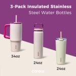 CAROTE 3-Pack Insulated Stainless Steel Water Bottles with Upgraded Leakproof Tech, Travel Coffee Tumblers with Straw, 34/24/24 oz Heart Paradise Straw Tumbler Set of Three (Purple) - Image 3