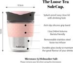SoleCup. Travel Mug Loose Tea Infuser - Detachable Tea Strainer with Spillproof Lid - BPA-Free Reusable Glass Travel Coffee Cup with Silicone Band (Gray and Pink, 12oz) - Image 3