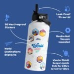 LET'S WANDER World Explorer Adventure Water Bottle with 50 Waterproof Stickers - 32oz Leakproof Insulated Stainless Steel with Straw - Travel Goal Gift Bottle (White) - Image 5