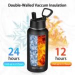 Insulated Water Bottle With Straw,32 oz Vacuum Insulated Stainless Steel Sports Water Flask,Keeps Cold and Hot,Metal Water Bottle Wide Mouth for Gym Travel Camping (Black) - Image 3