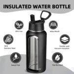 Insulated Water Bottle With Straw,32 oz Vacuum Insulated Stainless Steel Sports Water Flask,Keeps Cold and Hot,Metal Water Bottle Wide Mouth for Gym Travel Camping (Black) - Image 4