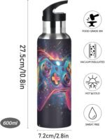 Game Controller Joystick Water Bottle Leakproof Insulated Stainless Steel Hot Cold Water Flask with Straw Lid for Sports Travel 20 oz - Image 3