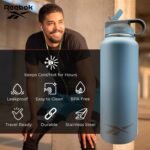 Reebok Stainless Steel Water Bottle With Straw & Athletic Design - Insulated Water Bottles 32 oz - Double Wall Vacuum Insulated Sports Water Bottle With Straw, BPA Free (Blue) - Image 4