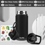 XccMe 16 oz Kids Water Bottle with 4 Lids,2 Pack Water Bottles for School,Insulated Kids Thermos with Straw Lid,Straw Brush,Cute Stickers (Black 2) - Image 3