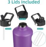Konokyo Gallon Insulated Water Bottle with Straw,128 oz 3 Lids Water Jug with Carrying Bag,Paracord Handle, Double Wall Vacuum Stainless Steel Metal Flask,Purple - Image 4