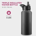 FineDine Triple Walled, Insulated Water Bottles with Straw - 32 Oz Stainless Steel Metal Bottle W/ 3 Leak Proof Lids - For Travel, School, Sports, Gym/Men, Women & Kids - Inky Raven Black - Image 3