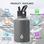 BJPKPK 50oz Stainless Steel Insulated Water Bottle, Vacuum Water Bottle with Straw, Leak Proof, Hot & Cold Insulation, 3 Lids & Paracord Handle, Gray - Image 4