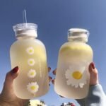 JZSMY 480ml Milk Juice Cute Water Bottle with Scale 2 Lids Little daisy Matte Portable Transparent Water Cup Glass Bottles Creative Handy Cup (Matte 1 flower) - Image 4