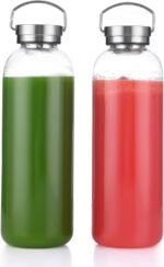 DE.KITCHEN&HIFUN Glasss Water Bottle 64oz, Large Borosilicate Glass 2L for Juice, Glass Water Bottle with Steel Cap Filter - Image 3