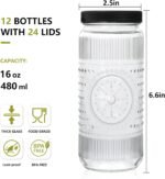 Encheng 12 Pack 16oz Glass Juice Bottles,Reusable Juicing Bottles with Lids and Straws,Embossed Juice Containers Kombucha Bottle Smoothies Jars for Water, Iced Coffee,Party,Travel - Image 3