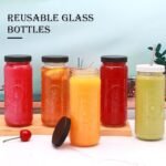 Encheng 12 Pack 16oz Glass Juice Bottles,Reusable Juicing Bottles with Lids and Straws,Embossed Juice Containers Kombucha Bottle Smoothies Jars for Water, Iced Coffee,Party,Travel - Image 5