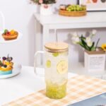 erichbow 32oz Ribbed Glass Cup with Handle Bamboo Lid and Straw, Glass Tumbler, Iced Coffee Cups Hot/Cold Drinks - Image 3