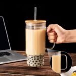 erichbow 32oz Ribbed Glass Cup with Handle Bamboo Lid and Straw, Glass Tumbler, Iced Coffee Cups Hot/Cold Drinks - Image 4