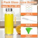 10 oz Glass Water Bottles with Lids - 6 Pack Reusable Leak Proof Juice Bottles with Stainless Steel Caps - Drinking Jars for Juicing, Milk - Includes 6 colorful labels, 1 Folding Funnel, 1 Brush - Image 3