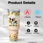40oz Cow Stainless Steel Tumbler with Handle and Straw, Sunflower Insulated Cup Travel Coffee Mug Water Bottle with Lid and Straw, Animal Lovers Women Gifts - Image 4