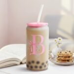 SANDJEST Monogrammed Glass Drinking Can Cup with Acrylic Lid and Straw, Personalized Frosted Iced Coffee Tumbler 16oz, Monogram Initial Gifts for Women Girls on Birthday (B) - Image 5