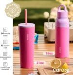 CAROTE 19 oz One-Click Open Insulated Water Bottle & 21 oz Tumblers with Lid and Straw, Double-Wall Insulated Stainless Steel, Leakproof Lid with Handle, Essential for Travel, School(Rose Pink) - Image 3