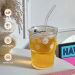 Olvini 13oz Glass Tumbler with Straw and Lid, Reusable Iced Coffee Cup Tumbler, Cute Glass Cups for Water, Matcha, Travel Coffee Mugs (Daisy) - Image 4