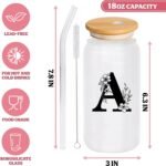 4MELLY Monogrammed Initial Glass Cup Personalized Gifts for Women 16oz Initial Letter Glass Cups w/Lids Straws Birthday Valentine Mothers Day Gift for Her, A - Image 5