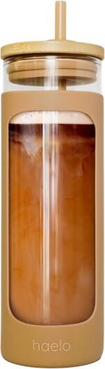 haelo 20oz Glass Tumbler Water Bottle, Iced Coffee Cup with Straw, Silicone Protective Sleeve, Bamboo Lid Reusable BPA Free (Amber) - Image 4