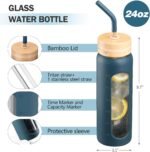 NOLOGLAZIC 24oz Glass Water Bottle with Straw and 2 Lids-Bamboo and Spout Lid, Borosilicate Glass Water Bottle with Silicone Sleeve and Time Marker,BPA Free & Cupholder Friendly,Dark Blue - Image 4