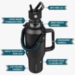 BJPKPK Insulated Water Bottles with Straw Lid, 40oz Metal Water Bottle with 2 lids & Paracord Strap, Double Wall Stainless Steel Tumbler with Handle, Reusable Cups, Mugs, Thermo, Black - Image 3