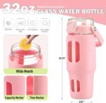 BLUEGO 32oz Glass Water Bottle with Handle and Straw|Leakproof Sports Glass Bottle with Time Marker and Silicone Sleeve|Glass Drinking Bottle for Travel, Gym, Workout, Pink - Image 3