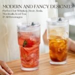 KEMORELA 20oz Ribbed Glass Tumbler with Straw and Lid 4Pcs，Coffee Bar Accessories，Reusable Iced Coffee Cups with Lids, Wide-Mouth Leak Proof Tumbler Drinking Glasses for To Go Iced Coffee - Image 5
