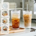 KEMORELA 20oz Ribbed Glass Tumbler with Straw and Lid 4Pcs，Coffee Bar Accessories，Reusable Iced Coffee Cups with Lids, Wide-Mouth Leak Proof Tumbler Drinking Glasses for To Go Iced Coffee - Image 6