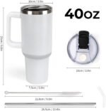 Customized 40OZ Portable Cup with Handle for Home Office Car, Leak Resistant Outdoor Indoor Water Bottle Customization, Custom Travel Bottles with Straw Lip and Soft Straw Brush, BlankWhite - Image 4