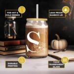 Vanteen Initial Glass Cup, Monogrammed Gifts for Women, 16 oz Glass Cups with Lids and Straws, Coffee Smoothie Beer Glass Personalized Christmas, Birthday Gifts for Her Mom (S) - Image 3