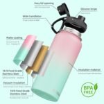 SASEUM Insulated Stainless Steel Water Bottles 32oz with Spout Lids Metal Vacuum Thermal Large Water Jug Leak-proof Reusable Flask for Sports Gym and Travel,Pink-Green - Image 4