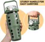 MUKOKO 32 oz Glass Tumbler with Straw,Glass Water Bottles with Time Marker,Iced Coffee Cup with Silicone Sleeve,Motivational Drinking Bottles,Leakproof-Olive - Image 6