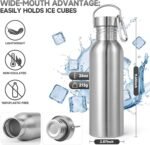Volhoply 26oz Uninsulated Single Walled Water Bottle, Stainless Steel Reusable Water Bottles with Handle & Carabiner, BPA Free Wide Mouth Water Bottles for Gym Sports Camping（Sliver,1） - Image 3