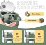 BLUEGO 32oz Glass Water Bottle with Handle and Straw|Leakproof Sports Glass Bottle with Time Marker and Silicone Sleeve|Glass Drinking Bottle for Travel, Gym, Workout, Olive - Image 3