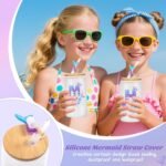 Clexela Birthday Gifts for 4 5 6 7 8 9 10 11 12 Year Old Girls Monogrammed Initial Glass Cups,16oz Glass Cups with lid and straw, Personlized Valentine Mermaid Gifts for Kids Girls Purple H - Image 6