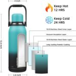 BJPKPK Insulated Thermal Water Bottle with Handle and Lid 50oz BPA Free Stainless Steel Water Bottles For Cold and Hot Beverages,TealBlack - Image 3