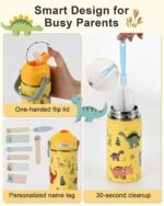 Kids Water Bottle 14oz with Silicone Straw Lid - Insulated Toddler Water Bottle Stainless Steel Keeps Cold 24H, Leak Proof & Dinosaur Prints Design | Custom Name Tag for School, Daycare, Travel - Image 7