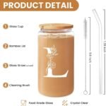 SANDJEST Monogrammed Gifts for Women - Monogram L Initial Glass Cup 16 Oz Can Coffee Cups with Lid and Straw - Monogram Initials Gifts for Womens on Birthday - Image 3