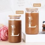 SANDJEST Monogrammed Gifts for Women - Monogram L Initial Glass Cup 16 Oz Can Coffee Cups with Lid and Straw - Monogram Initials Gifts for Womens on Birthday - Image 4
