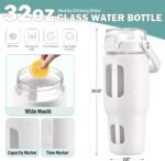BLUEGO 32oz Glass Water Bottle with Handle and Straw|Leakproof Sports Glass Bottle with Time Marker and Silicone Sleeve|Glass Drinking Bottle for Travel, Gym, Workout, White - Image 4