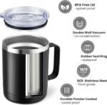 MEWAY 12oz Coffee Mug With Handle and Sliding Lid,Stainless Steel Travel Tumbler Cup with Handle,Double Wall Vacuum Insulated Camping Cup for Hot & Cold Drinks Tea (Black,Set of 1 - Image 3