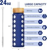 MUKOKO 24oz Glass Water Bottle with 2 Lids-Handle Flip Lid&Bamboo Straw Lid,Motivational Water Tumbler with Time Marker Reminder and Silicone Sleeve, Leakproof-Blue - Image 3