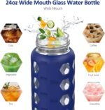 MUKOKO 24oz Glass Water Bottle with 2 Lids-Handle Flip Lid&Bamboo Straw Lid,Motivational Water Tumbler with Time Marker Reminder and Silicone Sleeve, Leakproof-Blue - Image 4