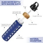 MUKOKO 24oz Glass Water Bottle with 2 Lids-Handle Flip Lid&Bamboo Straw Lid,Motivational Water Tumbler with Time Marker Reminder and Silicone Sleeve, Leakproof-Blue - Image 5