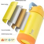 Kids Insulated Water Bottle with Straw Lid & Silicone Handle,12oz Kids Leak Proof Water Bottle for School Boys Girls,Double Wall Vacuum Stainless Steel with Non-slip Silicone Base(Yellow) - Image 5