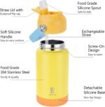 Kids Insulated Water Bottle with Straw Lid & Silicone Handle,12oz Kids Leak Proof Water Bottle for School Boys Girls,Double Wall Vacuum Stainless Steel with Non-slip Silicone Base(Yellow) - Image 6